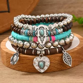 New Turquoise Wood Beads Beaded Alloy Accessories Elastic Line Ladies Bracelet разноцветный