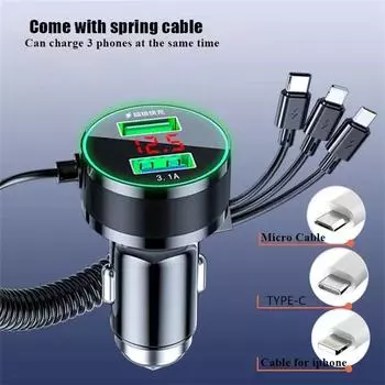 New USB Car Charger Adapter 150W Fast Charge With Spiral Cable Black 3 in 1 12-24V