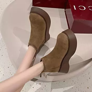 New velvet British Martin boots 2024 winter muffin platform snow boots women s rear zipper thermal cotton shoes 35 хаки