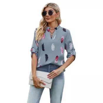 New versatile daily elegant women s V-neck feather print seven quarter sleeved loose shirt for women S чёрный