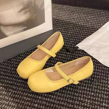 New versatile square head pleated word with soft bottom flat bottom shallow mouth ballet Mary Jane women s single shoes 35