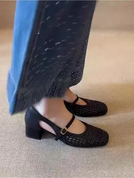 New versatile thick-heeled sandals women s woven hollow one-word with square head imitation leather versatile fashion sandals 35