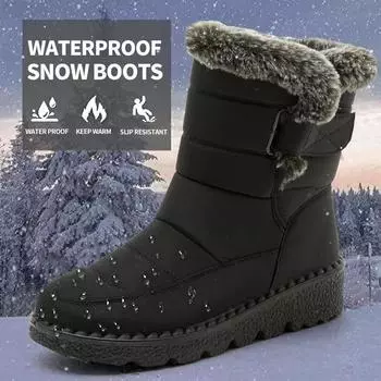 New Warm Women s Snow Boots Winter Waterproof Faux Fur Casual shoes Middle tube Couples Cotton Shoe Plush Woman Ankle Boot 35 чёрный
