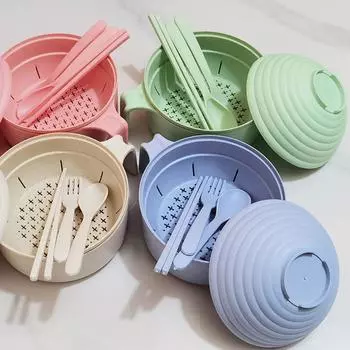 New Wheat Straw Multifunctional With Lid Bowl Spoon Fork Chopsticks Eating Dinnerware Set Anti-hot Bowl Microwavable Bowl
