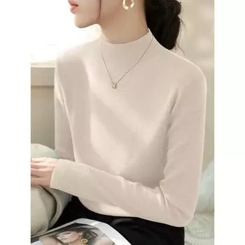 New Winter 2024 Pullover Inner wear Bottoming Shirt Simple and Stylish Half-high Collar Slim fit Long sleeve Knit sweater Women Apricot color L([Recommended 55.00 kg-60.00 kg]])