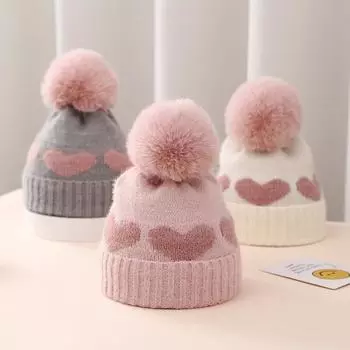 New winter baby hat double-layer thickened jacquard love knitted hat 0-December newborn wool hat Average size 3-24 months серый