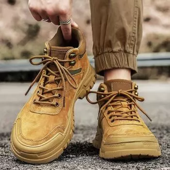 New Winter Boots Lace Up Fur High Quality Handmade High Top Casual Shoes Men Thick Sole Genuine Leather Outdoor Motorcycle Boots 39 золотисто-желтый