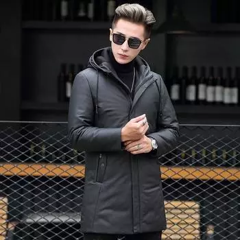 New Winter Casual Men s Jacket Business Gentleman Hooded Zipper Jacket Thickened Warm Middle-aged Leather Down Jacket L чёрный