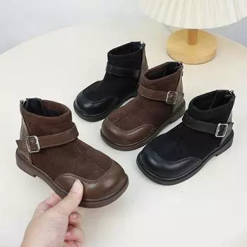 Новые зимние детские ботильоны, черные, в стиле пэчворк, модные хлопковые ботинки для девочек, нескользящие, короткие, универсальные, детские, повседневные, кожаные ботинки 23 чёрный