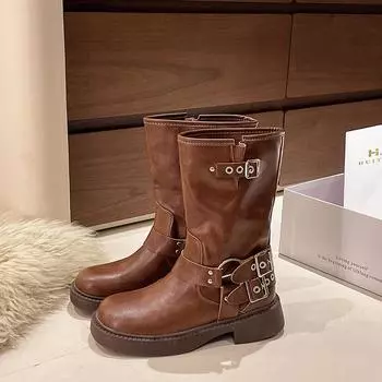 Новые зимние джинсовые сапоги женские ретро коричневые с пряжкой на ремне с круглым носком высокие сапоги до колена туфли на платформе 35