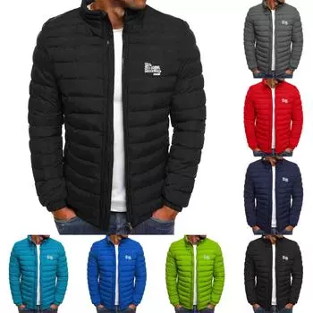 New Winter Fashion Warm Printed Cotton-padded Jacket Zipper Jacket Men s Stand-up Collar Short Cotton-padded Clothes M синий