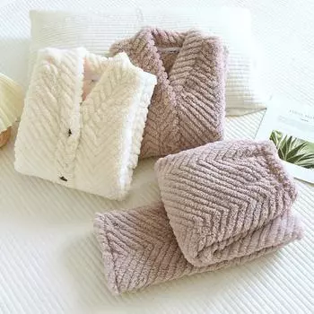 Новый зимний фланелевый комплект ночного белья с V-образным вырезом, плюшевые утолщенные коралловые плюшевые однотонные штаны из домашнего меха с длинными рукавами, комплект из двух предметов M белый