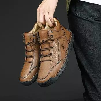 New Winter Handmade Leather Men Boots Outdoor Design Sneakers Man Breathable Casual Leather Shoes Men Ankle Boots Fall Plus Size 39 чёрный