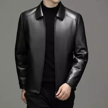 New winter leather down jacket men s fashionable lapel thin 90 white duck down men s washed PU leather jacket M