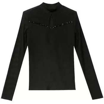 New Winter Long-sleeved Half-high Neck Beaded Mesh T-shirt for Women Korean Style Slim Base Shirt S