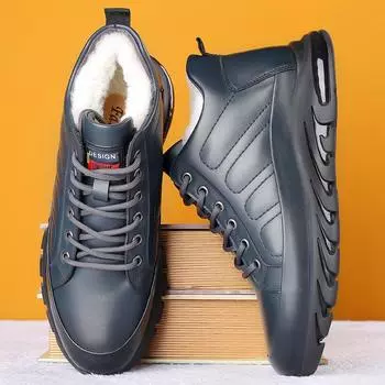 Новые зимние мужские кожаные ботинки на платформе из чистой шерсти, английские модные высокие кроссовки со шнуровкой, сохраняющие тепло, синие и черные 38 чёрный