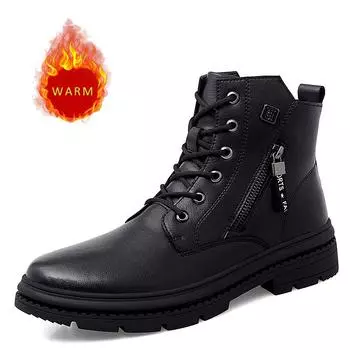New Winter Snow Boots Plush Design High-quality Men s High Top Shoes Versatile for Daily Wear Men s Leather Casual Short Boots 38 чёрный