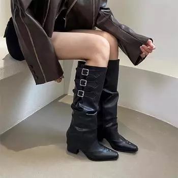 Новые зимние брюки-ботинки, съемные, повседневные, облегающие, два варианта носки, квадратный каблук, высокий острый носок, пряжка-ремень, модные длинные ботинки для женщин 35