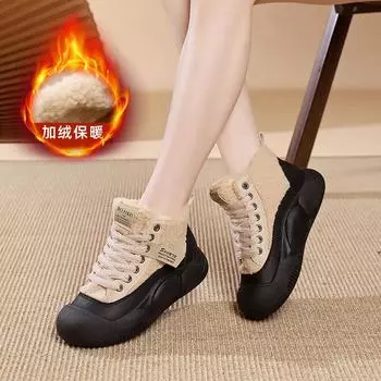 Новые зимние бархатные повседневные туфли из теплой овечьей шерсти на толстой подошве, женские туфли для студентов, хлопковые туфли, уличный снимок B 35 чёрный