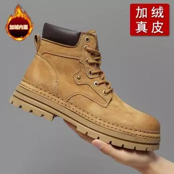 New winter velvet warm thick-soled medium tube Putian high version leather American retro men s rhubarb boots pure original 39