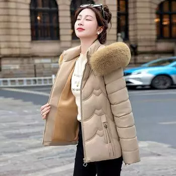 New winter wear flip hat, large fur collar cotton jacket, women s short down cotton jacket, fashionable slim fit warm padded jacket L