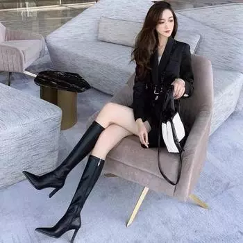 Новые зимние женские длинные сапоги Модные тонкие на высоком каблуке Сапожки до колена Дамские 35