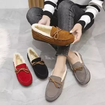 New winter women s cotton shoes Fashion Comfort Flat Moccasins Casual Warm Plush Loafers Bow non slip Female footwear Zapatos 35 чёрный