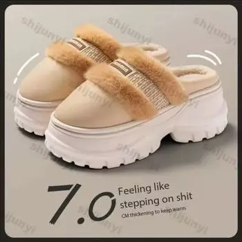 New Winter Women Slippers Women Faux Suede Fluffy Furry Home Slippers Women Toe Wrap Home Shoes Thickened sole Non-Slip Slippers 36-37