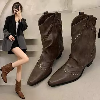 New Woman Boots Shoes for Women Western Cowboy Thick Heels Retro New Rock Gothic Mid Calf Low Pointed Toe Autumn Winter Boots 35 чёрный