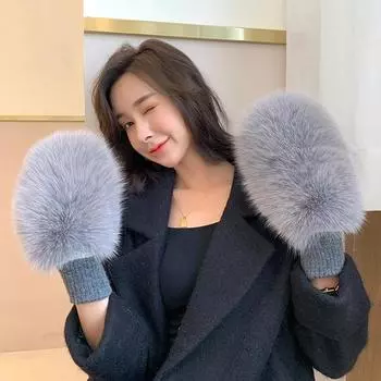 Новые женские 100% настоящие вязаные толстые варежки из натурального меха лисы, зимние теплые женские перчатки из натурального меха, роскошные варежки из меха лисы Elastic белый