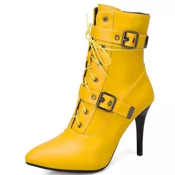New Women Ankle Boots thin heel pointed Lace Up Female booties belt Buckle Autumn Winter Sexy Ladies High Heel Shoe Large Size 34 белый