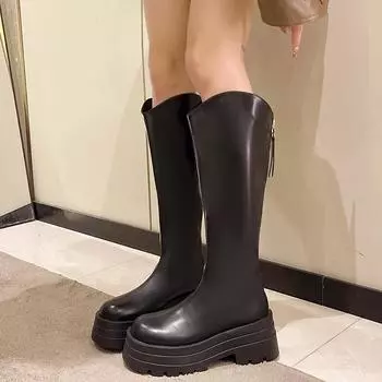 New Women Boots Zipper Thick High Heels Women Thick High Heels Autumn Winter Boots Knee High Botas 35