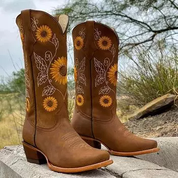 New Women Coffee Brown Embroidery Boots PU Leather Printed Western Cowboy Boots Deep V-mouth High Tube Casual Boots Classic 36 темно-коричневого