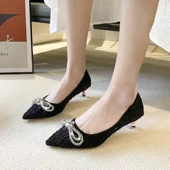 New Women Fashion Navy Blue Slip on Spring Stiletto Heels for Wedding Sweet Bow Tie Black Office Shoes Femmes Hauts Talons 34 чёрный
