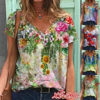 New Women Fashion V Neck Slim Fit Short Sleeve Pullover 3D Flowers Print Plus Size Casual T Shirt Tops S-5XL 2XL красный