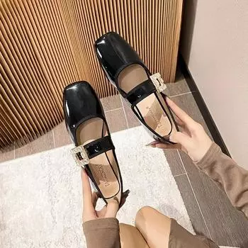 New Women Flats Shoes Girl Round Toe Crystal Casual Leather Mary Jane Shoes Fashion Slip-on Dancing Shoes 33