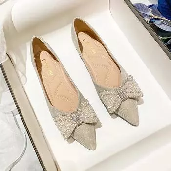 New Women Flats Shoes Spring Summer Pointed Toe Pearl Bowknot Casual Shoes Shiny Bridesmaid Loafers 35-43 35 чёрный