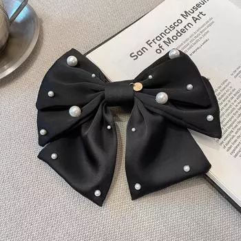 New Women Girls Sweet Pearl Satin Bowknot Hair Clip Big Ribbon Bow Barrette Solid Color Scarf Hairpin Grip Ponytail Clip