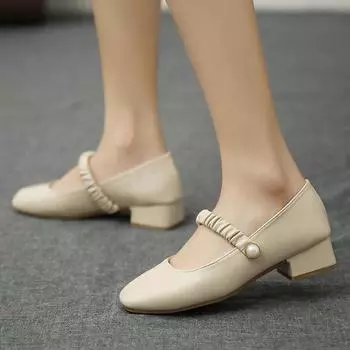 New Women Heels Pearl Buckle Straps Mary Jane Shoes Square Toe Pumps Office Lady Comfortable Work Shoes Soft Leather Black Heels 35 бежевый