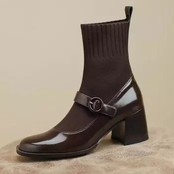 New Women High Heel Boots Fashion Block Heels Mary Jane Calf Boots Lady Patent Leather Shoes Stretch Knitted Fabric Sock Boots 34 чёрный