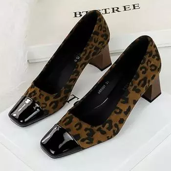 NEW Women Leopard Suede High Heels Chic Square Toe Shallow Mouth Single Shoes Autumn Elegant Evening Party High Heel Shoes 35