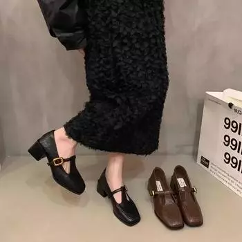 Новые женские туфли-лодочки Janes Chunky High Office Dress Shoes Brown Black Fashion Shoes 35 чёрный