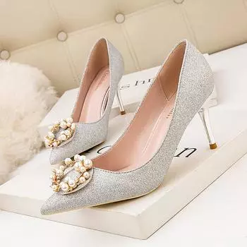 NEW Women Pumps Rhinestone High Heels Shoes Women Pointed Toe Crystal Pearl Party Shoes Sexy Wedding Shoes 6