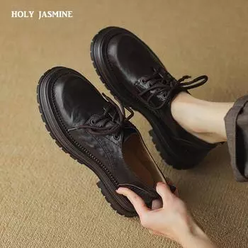 New Women Pumps Round Toe Platforms Shoes Genuine Leather Shoes Woman 2024 Spring Summer Loafers Lace-Up Casual Working Pumps 34 чёрный