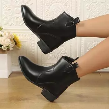New Women s Ankle Boots Leather Autumn Winter Designer Short Boots Thick Heels Pointed Toe Casual Shoes Woman Office Lady Black 36