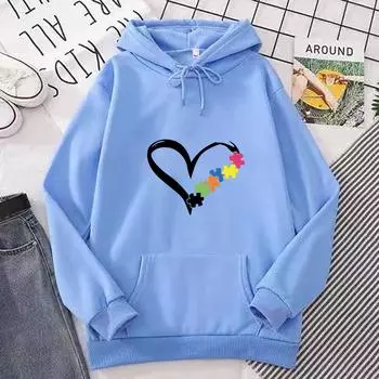 New women s autumn and winter puzzle heart-shaped printed hooded sweatshirts for men and women, Korean style trendy versatile tops for men and women S