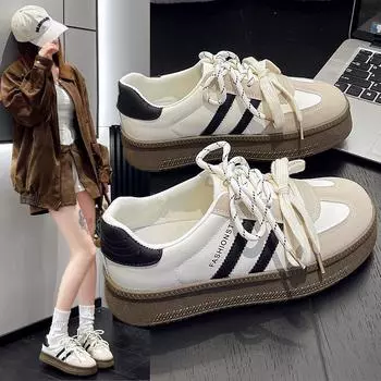 New Women s Casual Shoes Thick-soled Non-slip Spring and Autumn Fashionable Vulcanized Shoes Outdoor Sports Lace-up Flats 2024 35 бежевый