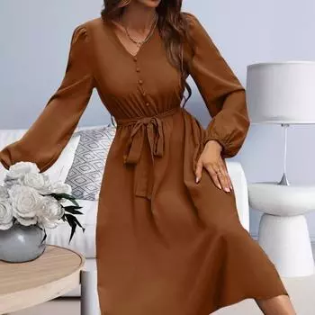 New Women s Clothing 2025 Spring Solid Color V-neck Lantern Sleeve Lace-up Waist Dress S темно-коричневого