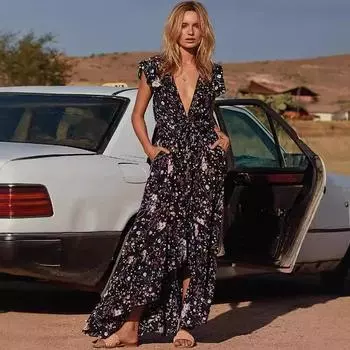 New women s clothing new V-neck short-sleeved dress split-ended long skirt S чёрный