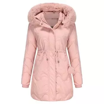 New Women s Cotton Clothes Removable Hat Hair Autumn and Winter Clothes Removable Hat Medium and Long Coat Women L
